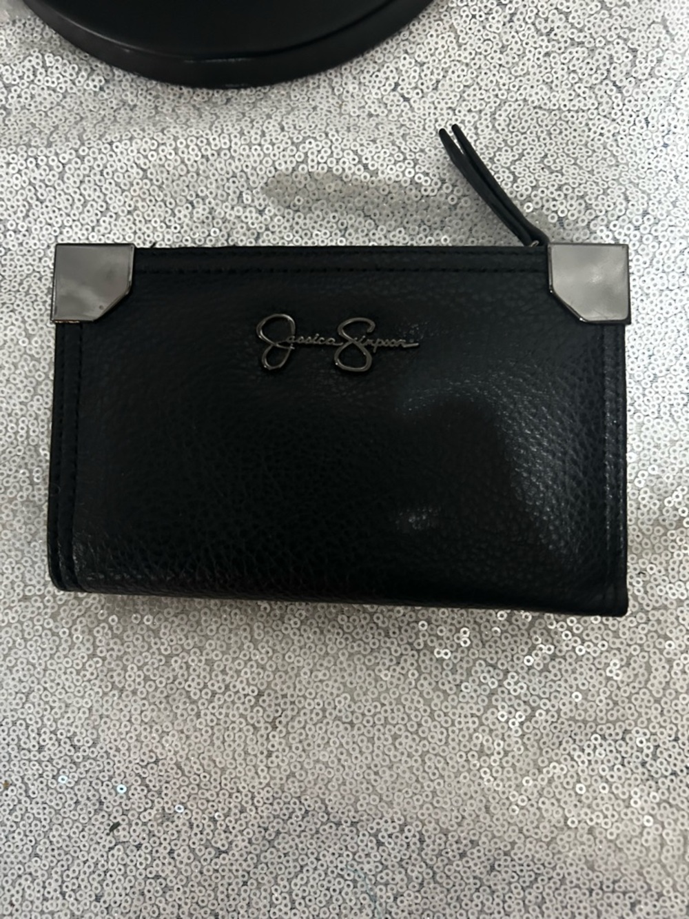 Jessica Simpson Black Pebbled Leather Zip-Around Wallet with Silver Accents